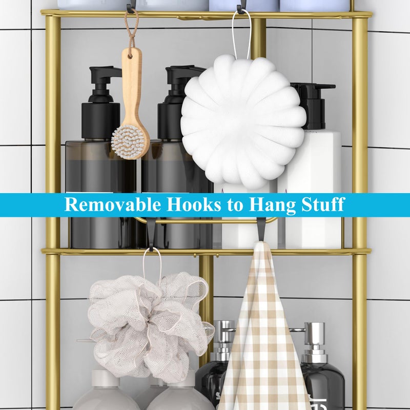 HuggieGems 3 Tier Floor Standing Corner Shower Caddy Organizer Shelf with Hooks, Bathroom Shelves Stand Rack, Gold - Image 4